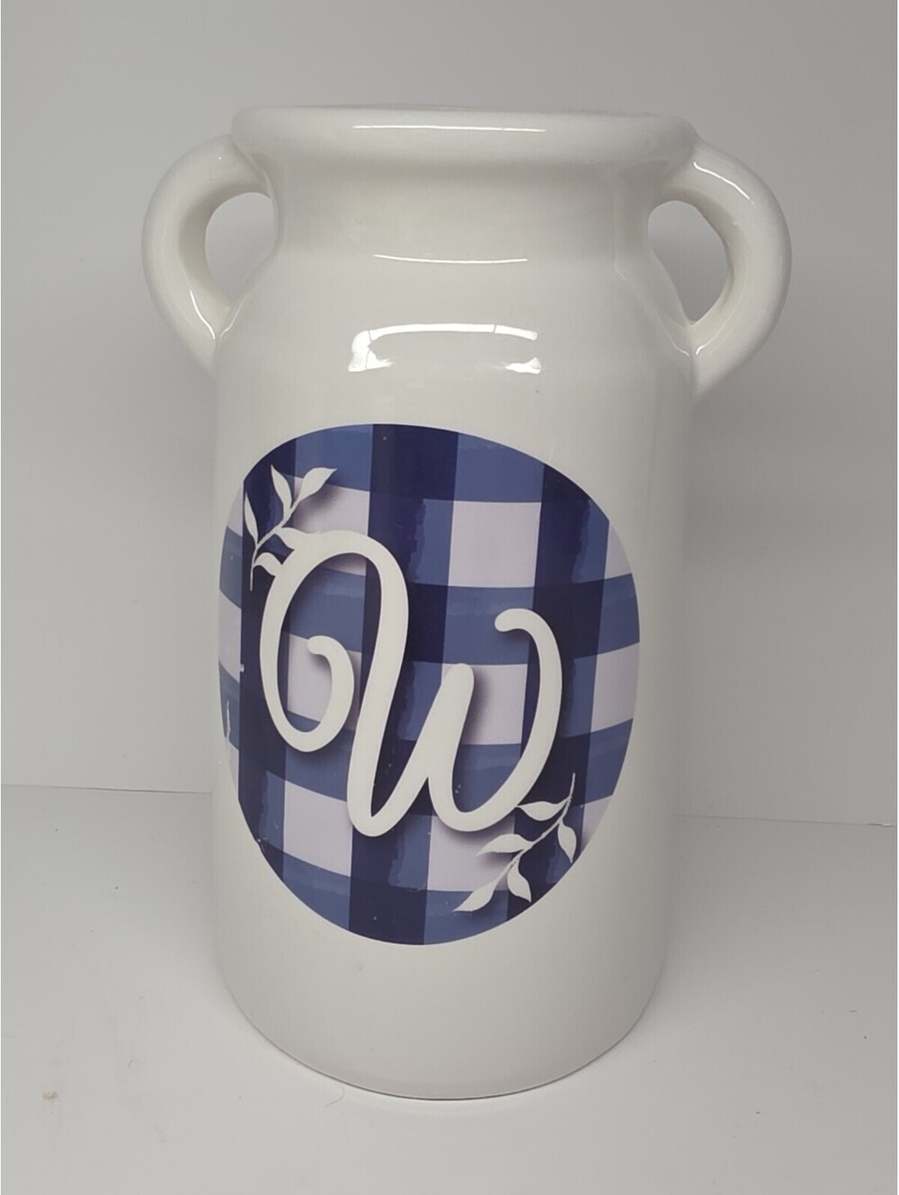 Blue Gingham Farmhouse Utensil Canister Kitchen Vase Jug Decor Initial W